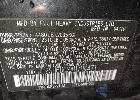 2010 Subaru Forester 2.5X Limited from USA, damaged, VIN JF2SH6DCXAH794471